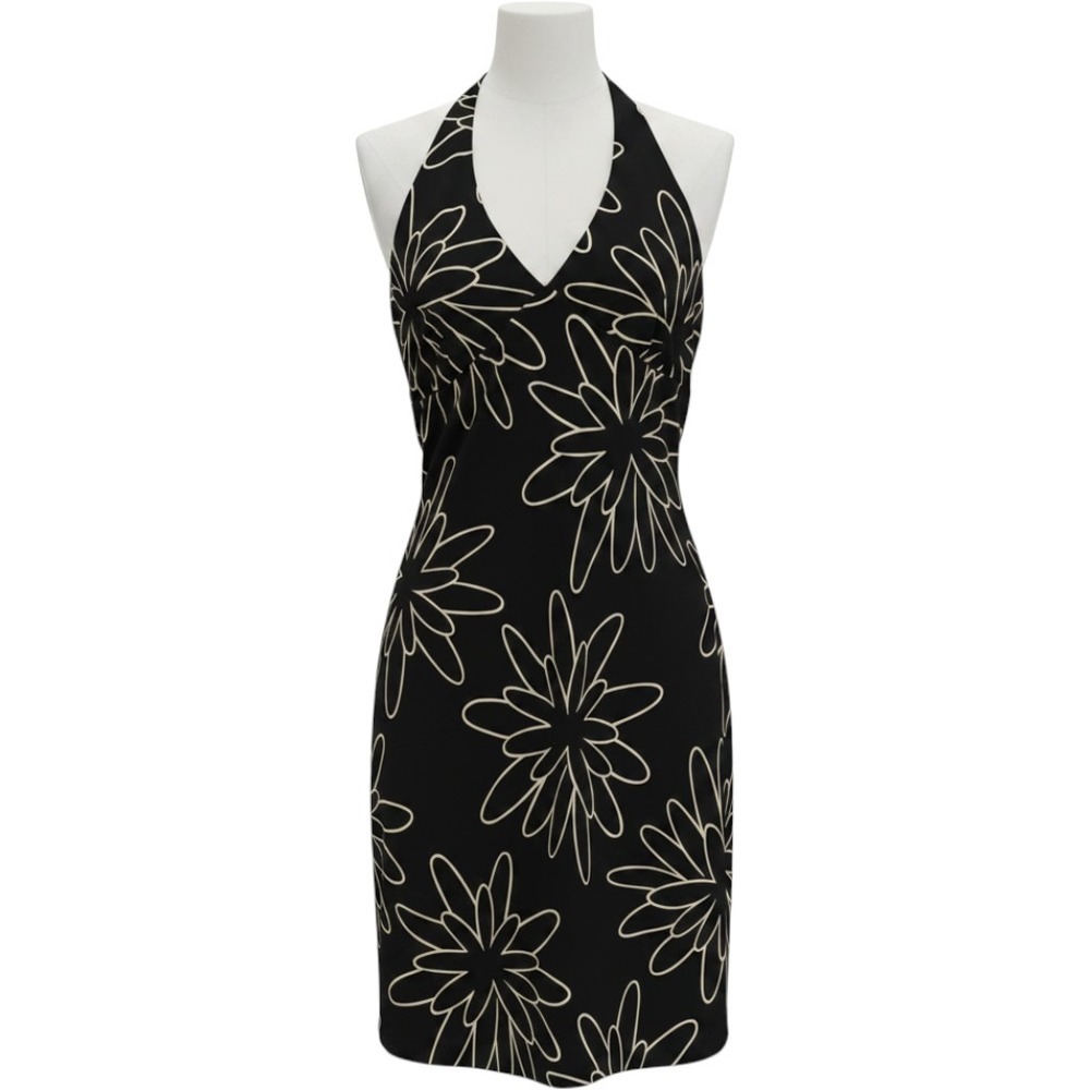 Kenneth Cole New York Black White Floral Halter Dress V-Neck Size‎ M